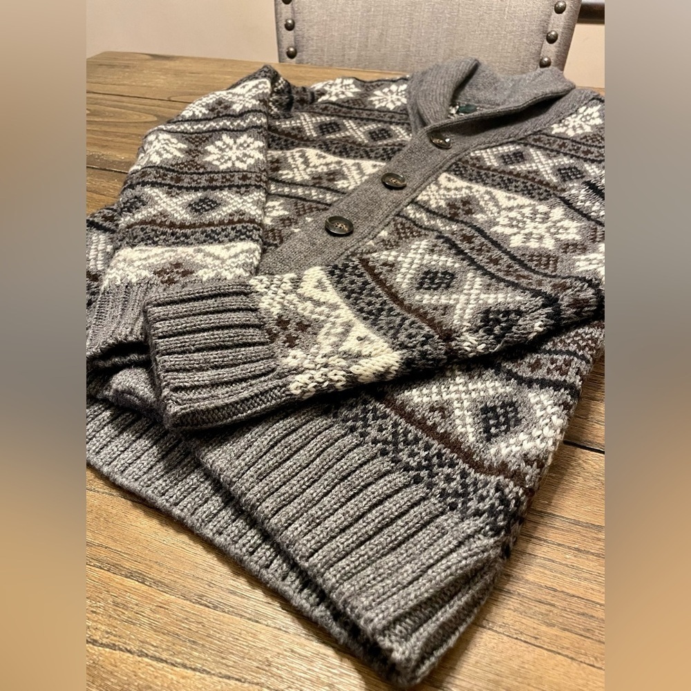 Tris Line Made in Italy Wool Blend Cardigan Sweater Size M Gray Fair Isle Dad - Picture 5 of 10